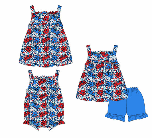 1.18 custom each style moq 5eta 4-6week Sibling Sisters USA baby girl short sleeve shorts sets and dress and rompers match family design