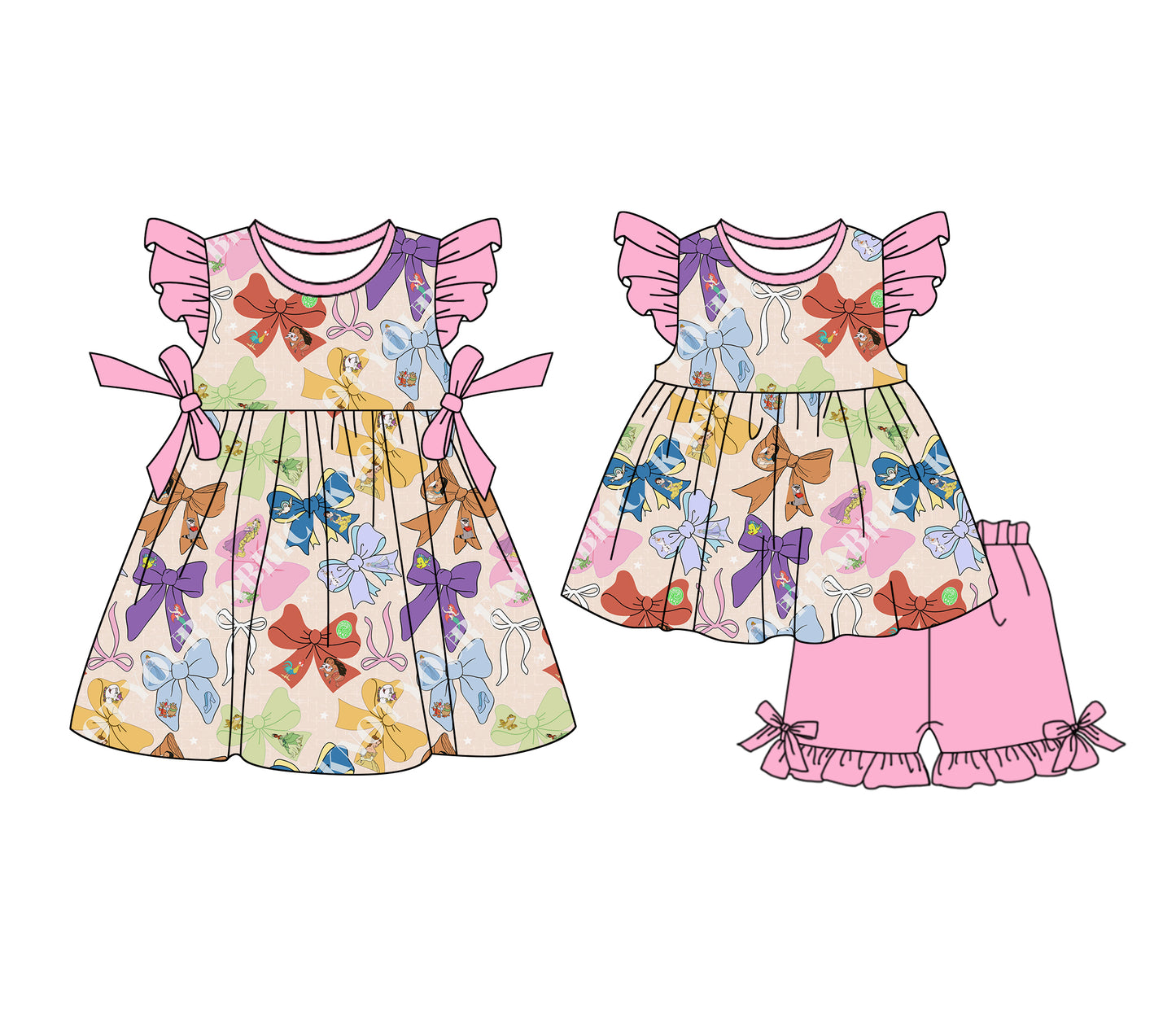 1.4 custom each style moq 5eta 4-6week Sibling Sister bow baby girl short sleeve shorts sets and dresses match design