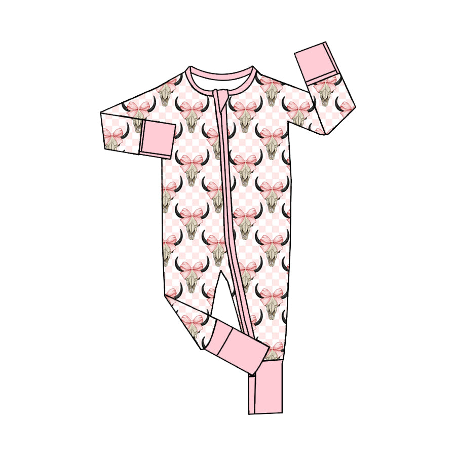 5.14custom each style moq 5eta 4-5week Sibling Sister Pink bow horn head prints pink-white plaid girls and boys outfits and baby romper and dress match family design