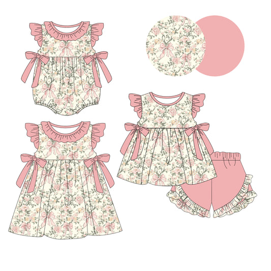 1.10 custom each style moq 5eta 4-6week Sibling Sister floral baby girl short sleeve shorts sets and dress and rompers match family design