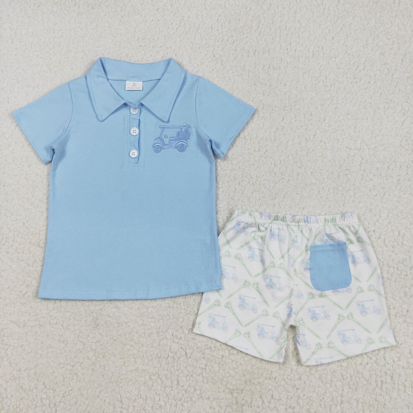 RTS NO MOQ BSSO1494 Embroidered golf cart button blue short sleeve white shorts set