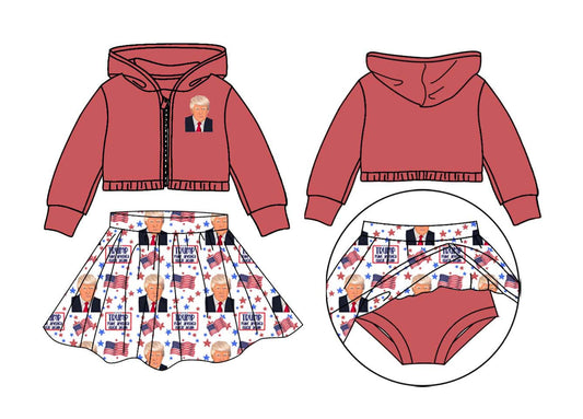 custom moq 3 eta 6-7weeks team summer baby girls clothes Trump hooded with skirts sets