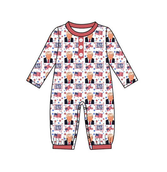 Custom moq 3 eta 6-8weeks baby boys clothes Trump zippered boys romper long sleeve romper