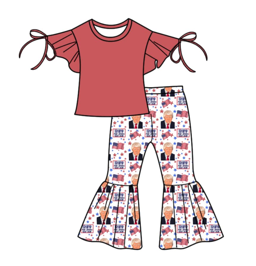 custom moq 3 eta 6-7weeks baby girl clothes Trump red short-sleeved trousers sets