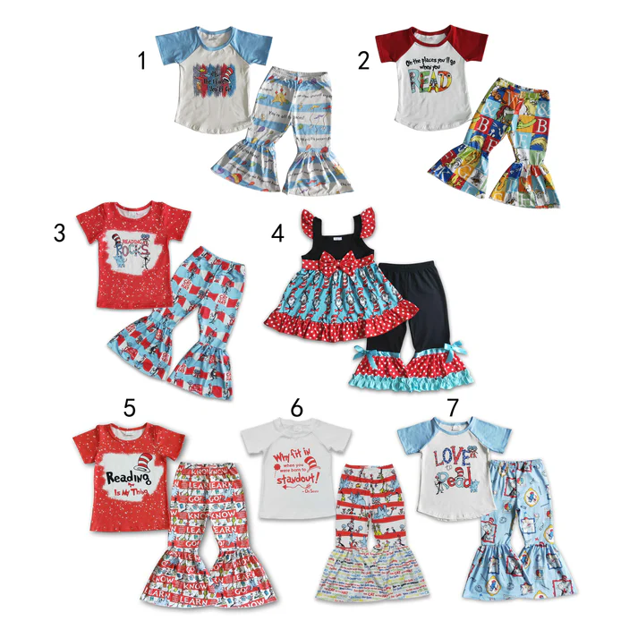 RTS NO MOQ Promotion Sibling Baby Girls Dr Reading Shirts Pants Clothes Sets