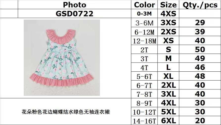 RTS no moq GSD0722 Floral pink lace bow aqua sleeveless dress