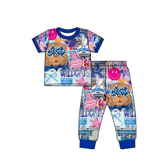 Deadline September  17 custom no moq eta 6-8weeks Blue Lion Smiley Short Sleeve Pants Set