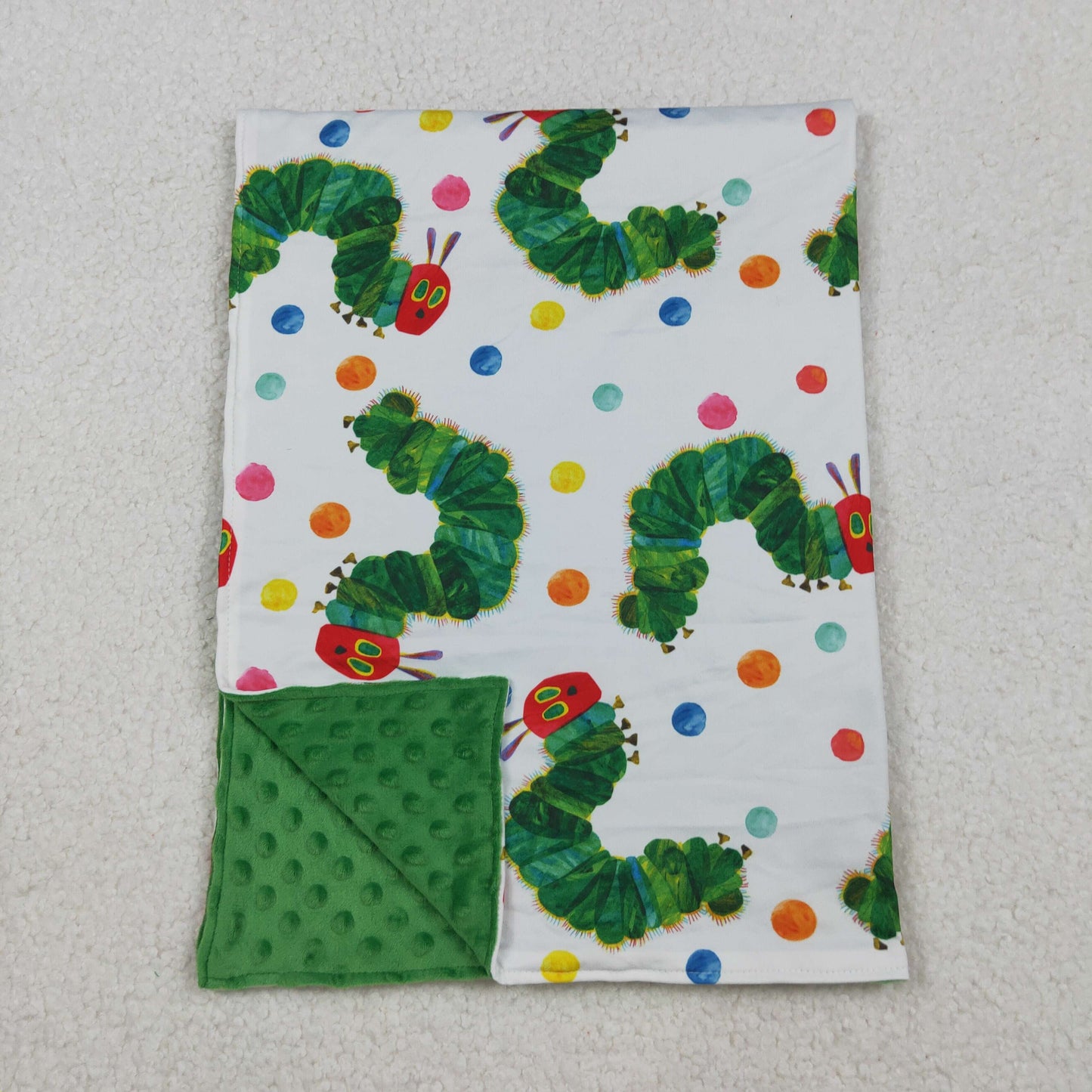 RTS NO MOQ（In Stock) BL0202 Cartoon Caterpillar Green and White Baby Blanket