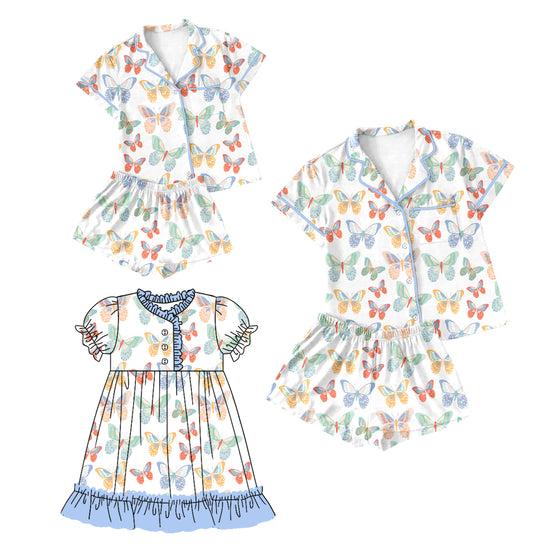 12.30 custom each style moq 5eta 4-6week Sibling Sister butterfly baby girls short sleeve shorts sets and adult sets and dress match design