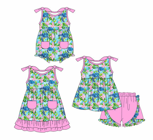 1.9 custom each style moq 5eta 4-6week Sibling Sister baby girl short sleeve shorts sets and dress and rompers match family design