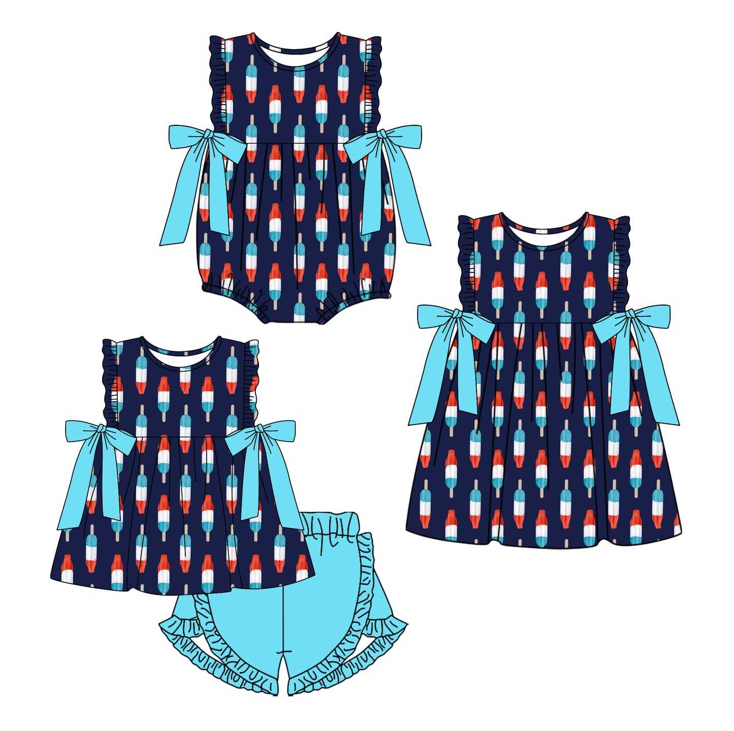 1.23 custom each style moq 5eta 4-6week Sibling Sisters ice cream baby girl short sleeve shorts sets and dress and rompers match family design