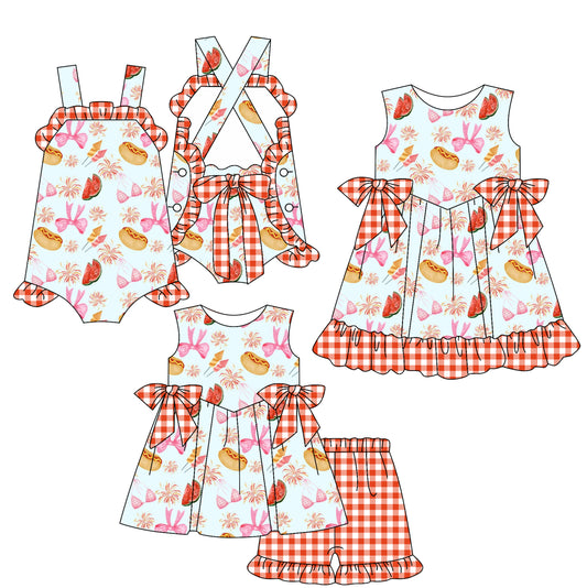 2.14 custom each style moq 5eta 4-6week Sibling Sisters bow baby girl short sleeve shorts sets and dress and rompers match family design