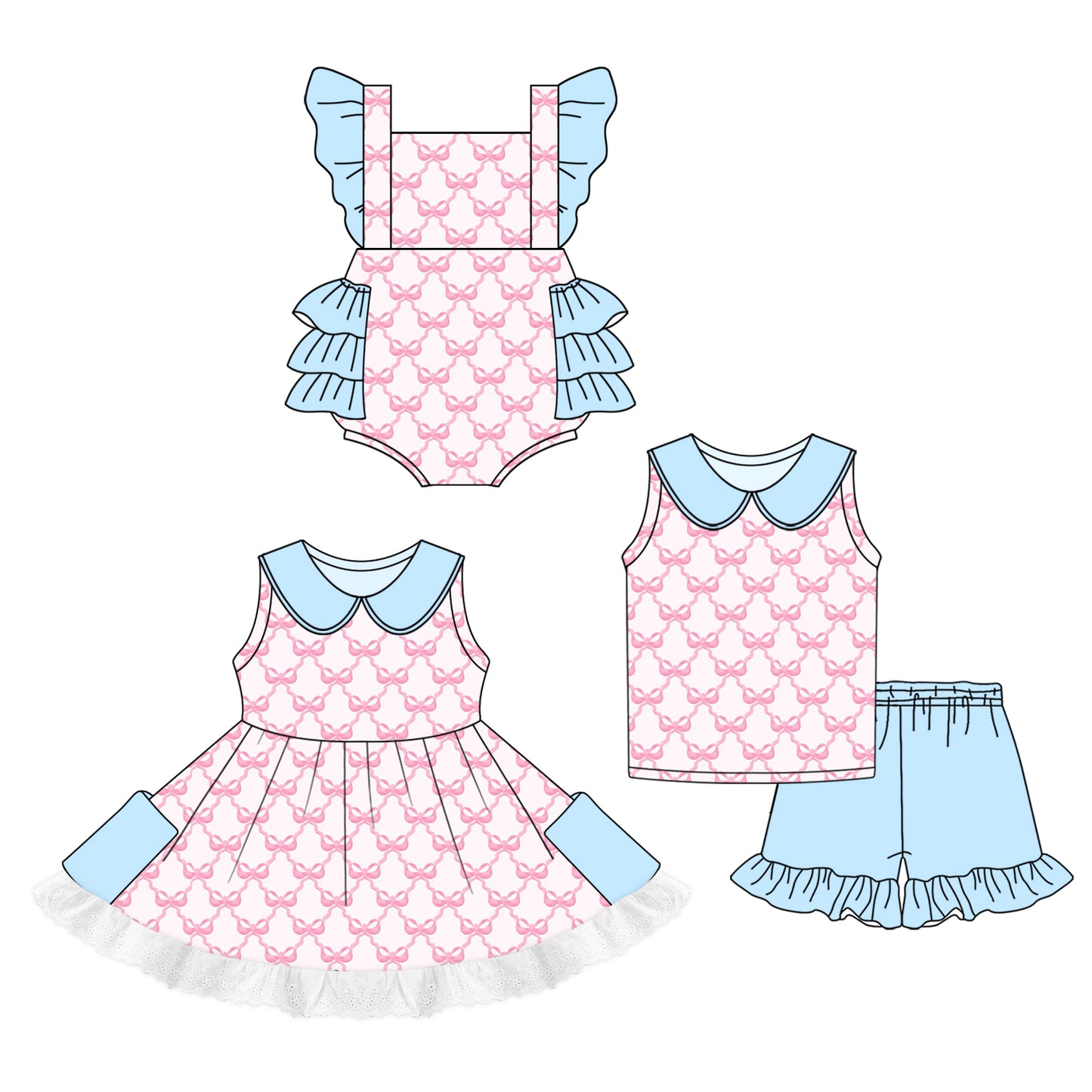 1.2 custom each style moq 5eta 4-6week Sibling Sistes bow baby girl short sleeve shorts sets and dress and rompers match family design