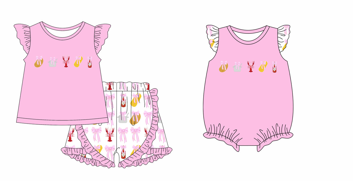 1.13 custom each style moq 5eta 4-6week Sibling Sister bow crayfish potatoes baby girl short sleeve shorts sets and rompers match design