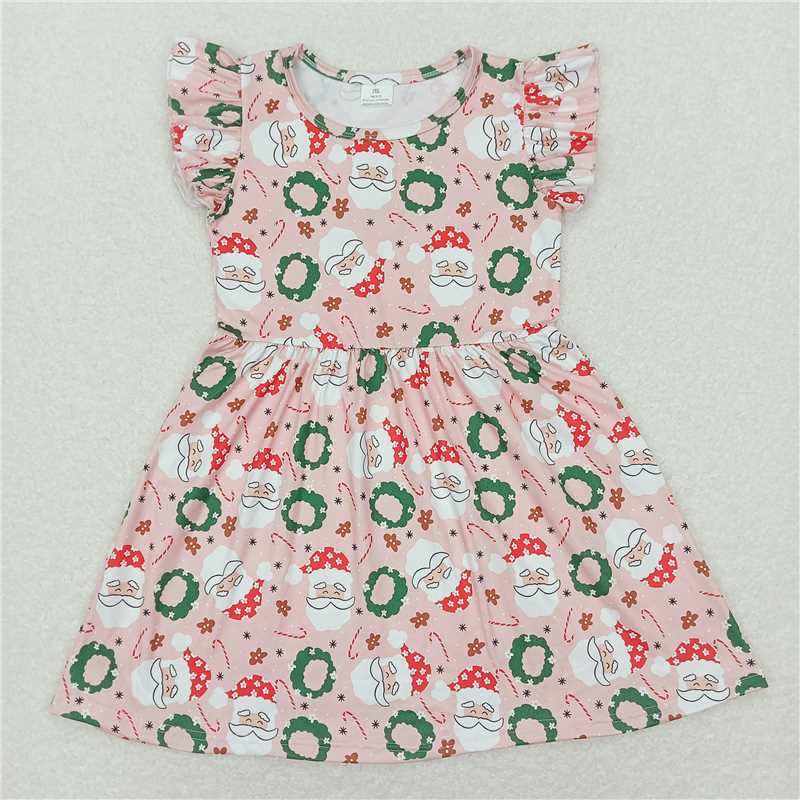 RTS SALES NO MOQ G6-7-3/]. Santa wreath pink flying sleeve dress 圣诞老人花环粉色飞袖裙