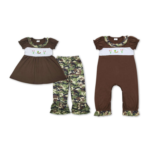 RTS NO MOQ GSPO1088  SR0582 Embroidered duck camouflage lace army green short-sleeved trousersEmbroidered duck camouflage lace army green short-sleeved jumpsuit