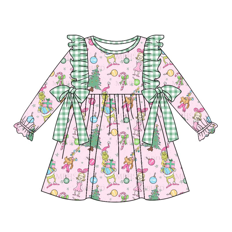 5.3custom each style moq 5eta 4-5week Sibling Sister Christmas cartoon character prints green girls dress and girls set and baby romper match family design