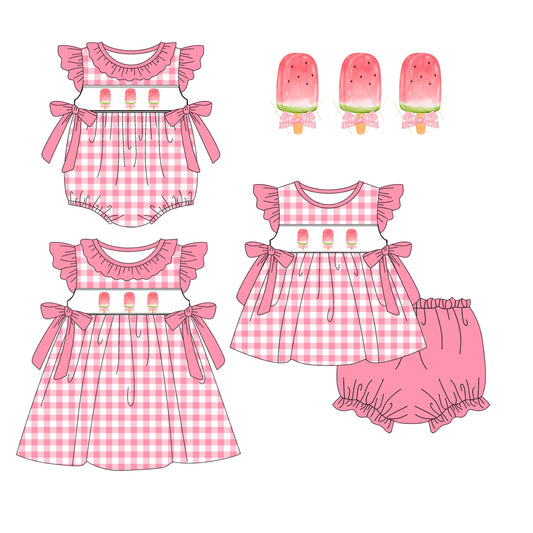 1.8 custom each style moq 5eta 4-6week Sibling Sister ice cream bow baby girl short sleeve shorts briefs sets and dress and rompers match family design