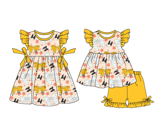 1.6 custom each style moq 5eta 4-6week Sibling Sister pencil bow baby girl short sleeve shorts sets and dresses match design