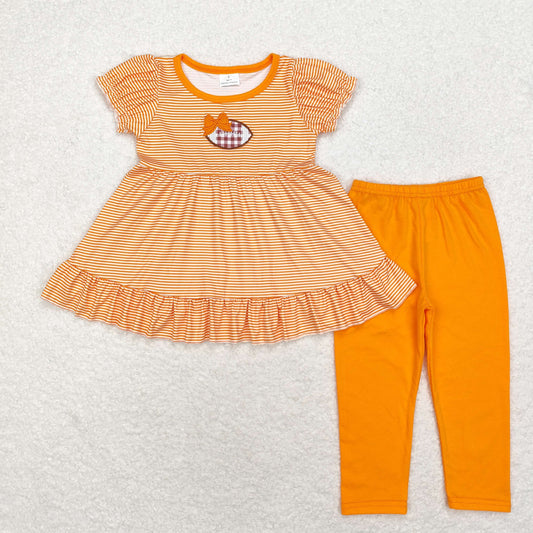 RTS no moq GSPO1674 Embroidery Orange bow rugby striped short-sleeved trousers set