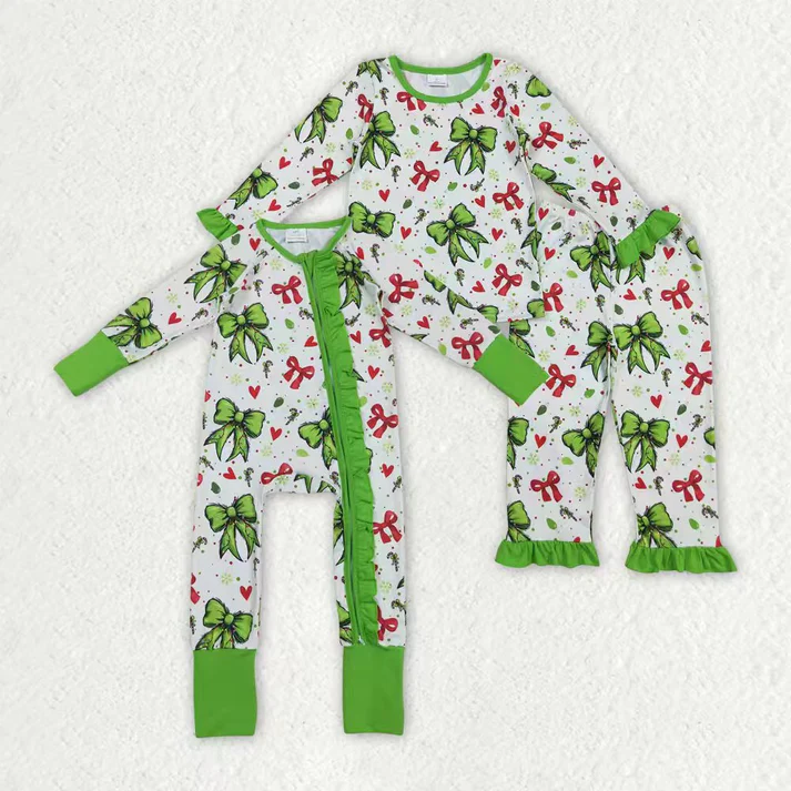 RTS Sibling baby girl clothes Christmas bow green long Sleeve pants sets and rompers