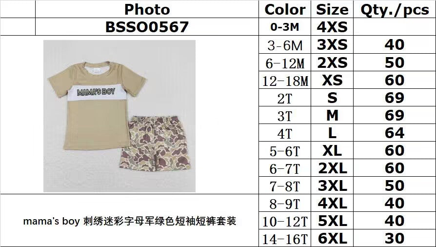 BSSO0567 mama's boy embroidered camouflage lettering military green short-sleeved shorts suit