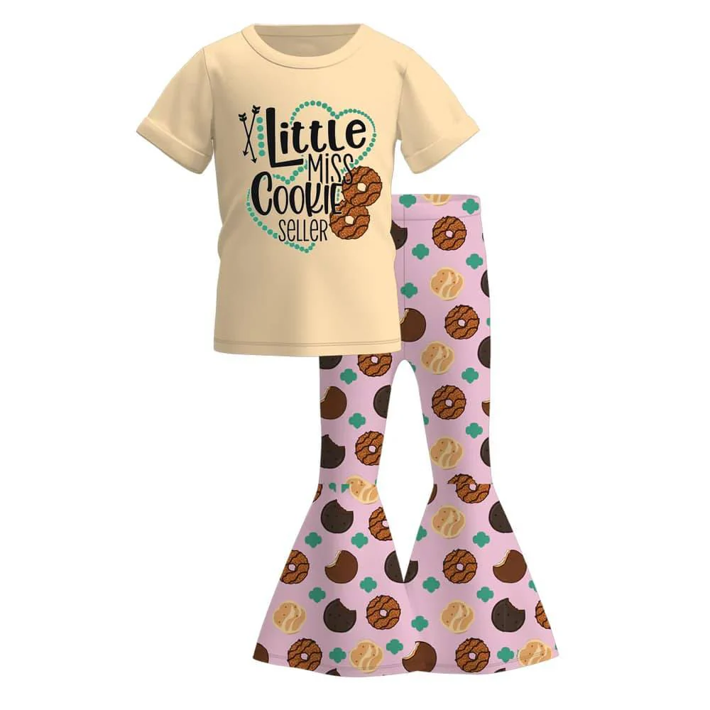 Deadline October 5  custom no moq eta 6-8weeks Alphabet Donut Pattern Apricot Short Sleeve Top-Pink Flared Pants Set