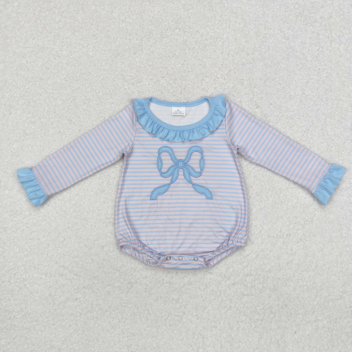 RTS NO MOQ ETA 5/7days LR1379 Embroidered blue striped bow pattern lace pink legless long-sleeved jumpsuit