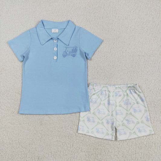 RTS NO MOQ BSSO1494 Embroidered golf cart button blue short sleeve white shorts set