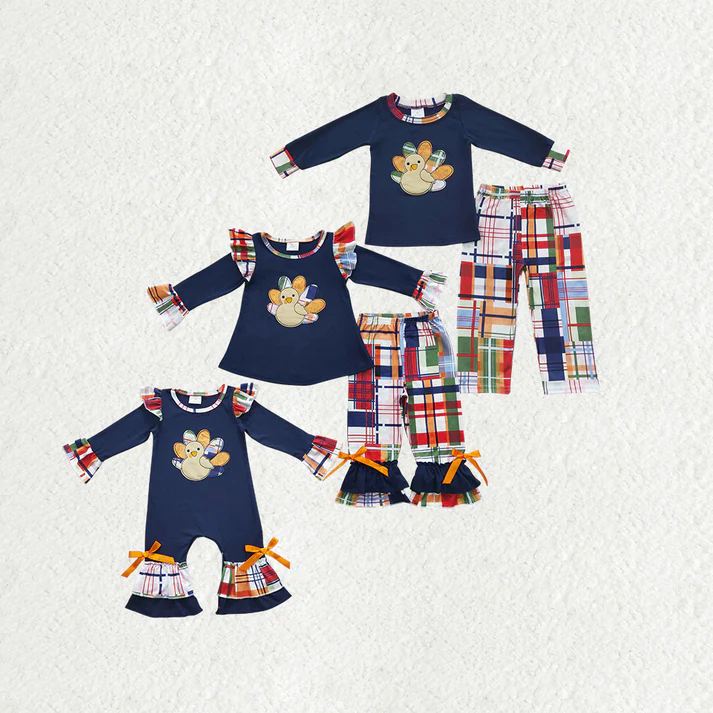 RTS NO MOQ Sibling Baby girl boy clothes embroidery turkey long-sleeved trousers suit & rompers