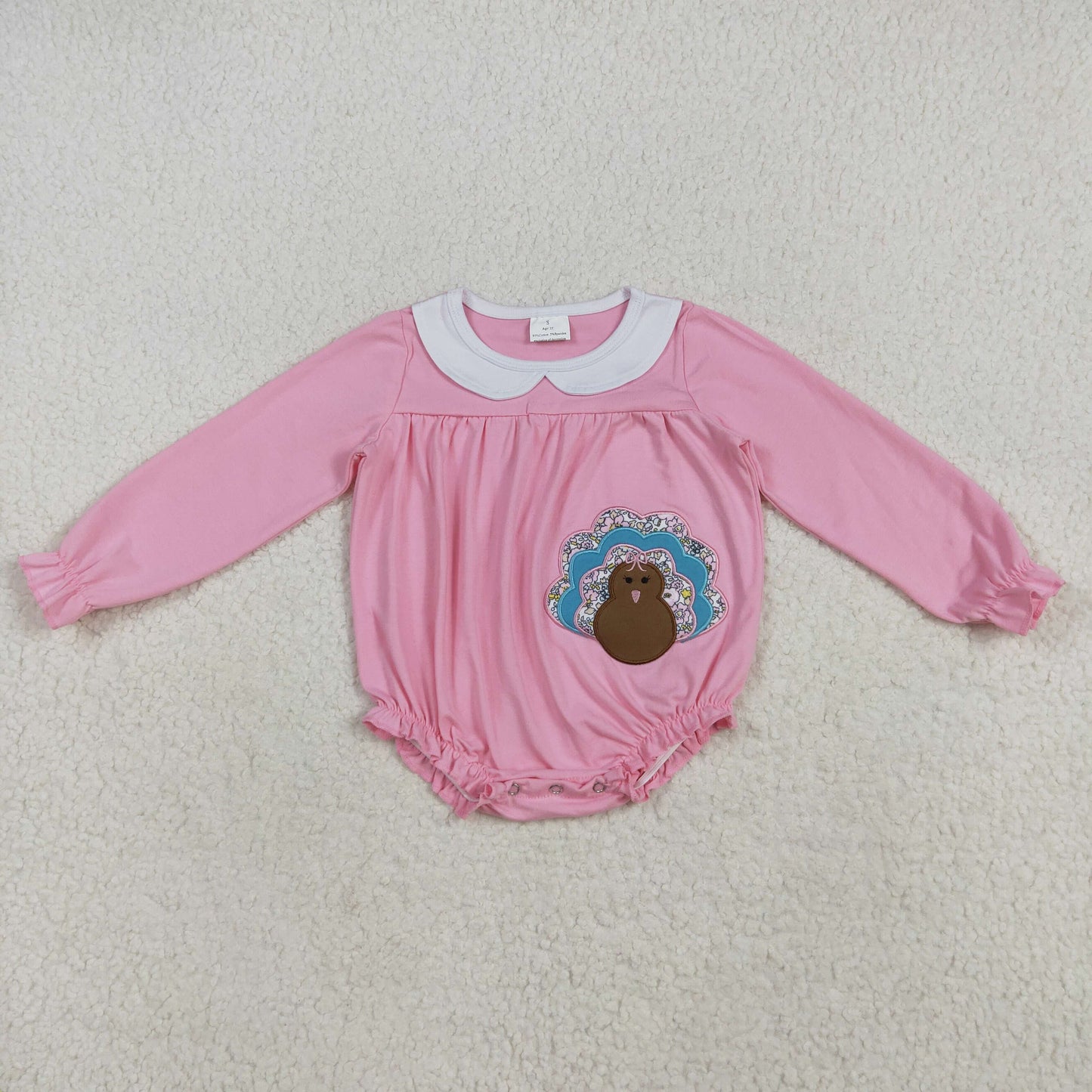 RTS NO MOQ（In Stock ) LR2262 Embroidered Turkey Doll Collar Pink Long Sleeve Bodysuit