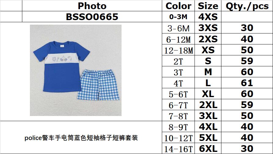 BSSO0665 police flashlight blue short-sleeved plaid shorts suit