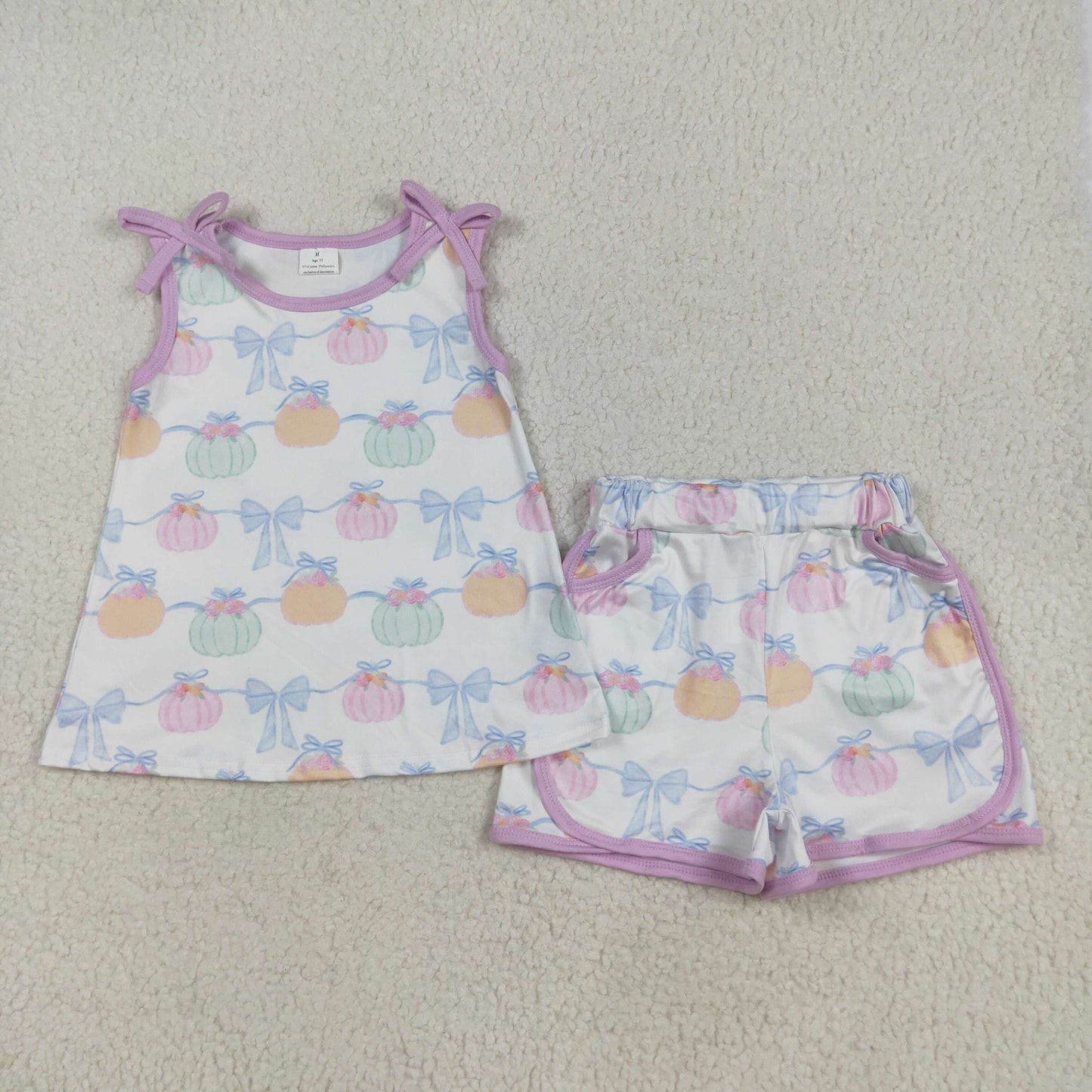 RTS NO MOQ（In Stock) GSSO2668 Pumpkin bow pattern pink and white sleeveless shorts set