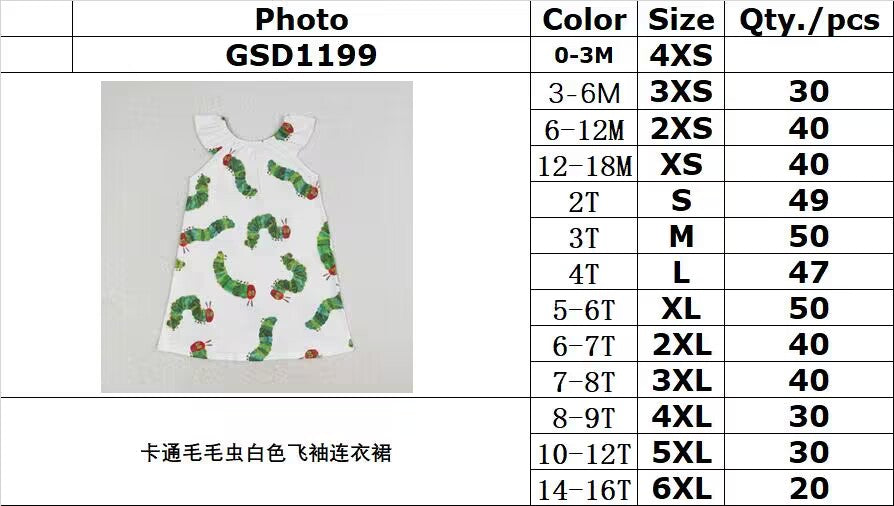 RTS no moq GSD1199 Cartoon caterpillar white flying sleeve dress