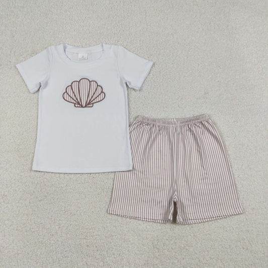 RTS NO MOQ（In Stock) Embroidered Seashell White Short-Sleeve Striped Shorts Set