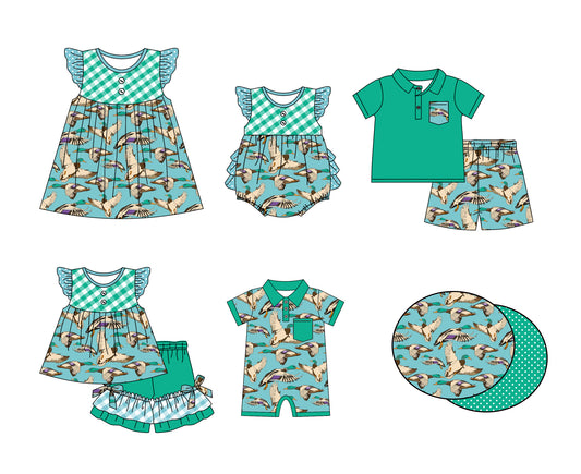 11.14 custom each style moq 5eta 4-6week Sibling Sister duck baby girl short sleeve shorts sets and sets 2 and girls romper and boy romper and dress match design