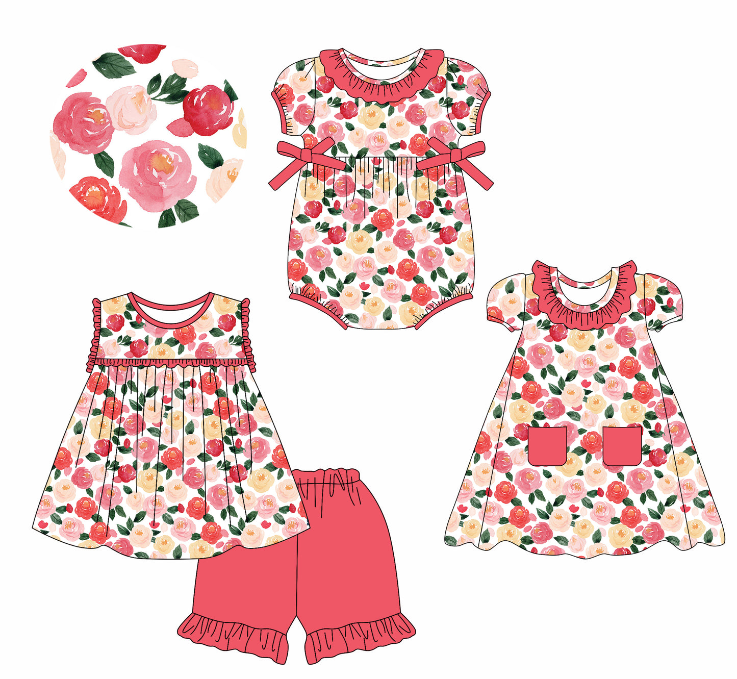 2.13 custom each style moq 5eta 4-6week Sibling Sisters floral baby girl short sleeve shorts sets and dress and rompers match family design