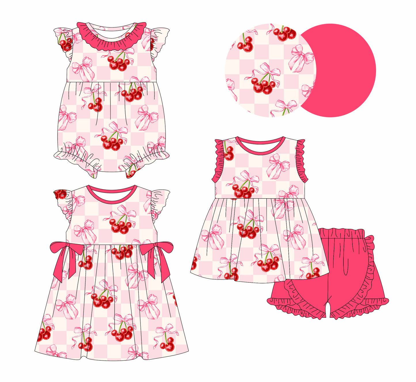 1.6 custom each style moq 5eta 4-6week Sibling Sister cherry bow baby girl short sleeve shorts sets and dress and rompers match family design