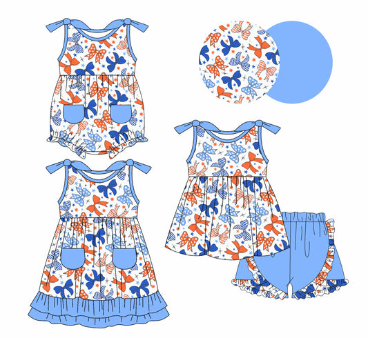 1.7 custom each style moq 5eta 4-6week Sibling Sister bow baby girl short sleeve shorts sets and dress and rompers match family design