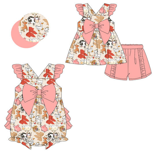 2.8 custom each style moq 5eta 4-6week Sibling Sister bow baby girls short sleeve shorts sets and romper match design