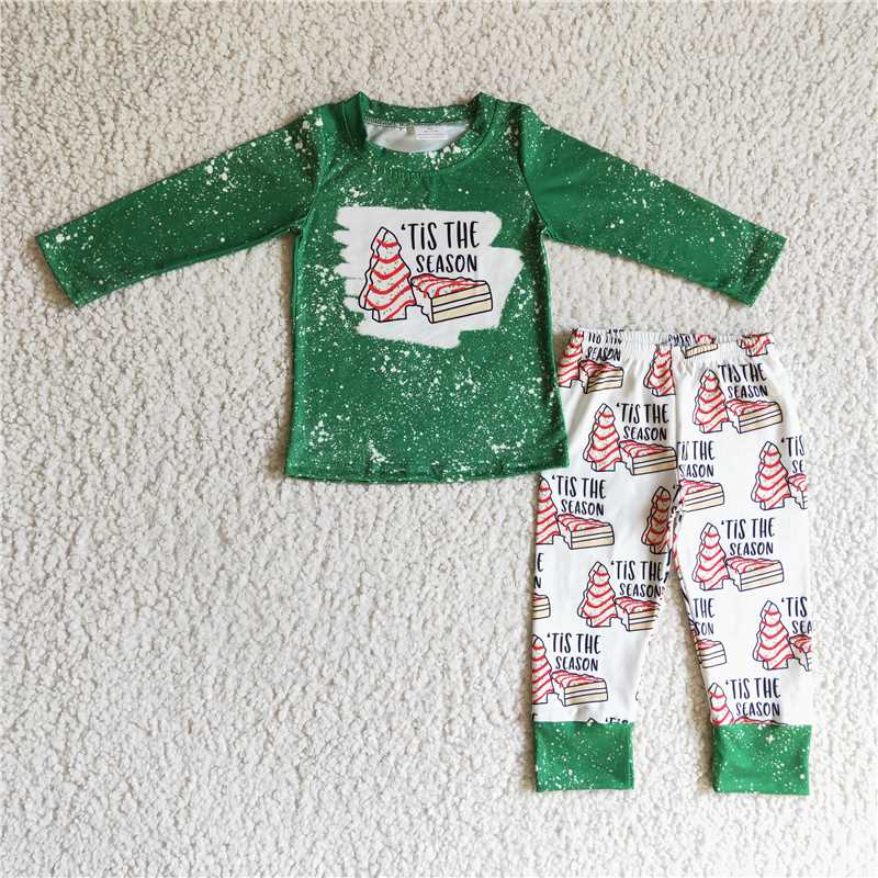 Baby Girls boys TIS THE SEASON prints green long sleeves with long pants and white dress