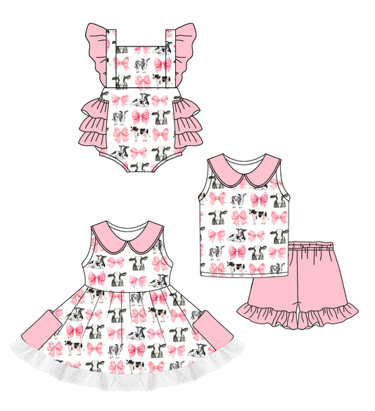 1.2 custom each style moq 5eta 4-6week Sibling Sistes bow cow baby girl short sleeve shorts sets and dress and rompers match family design