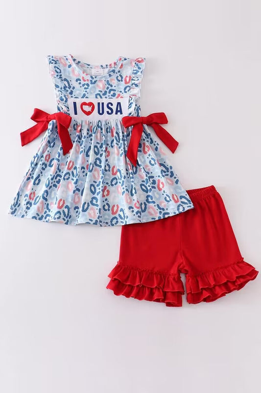 5.10custom each style moq 5eta 4-5week Sibling Sister I LOVE USA  print blue and red girls set and baby rompers match family design