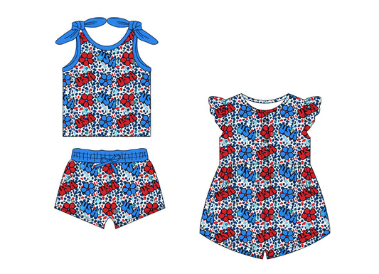 1.18 custom each style moq 5eta 4-6week Sibling Sister USA baby girls short sleeve shorts sets and jumpsuit match design