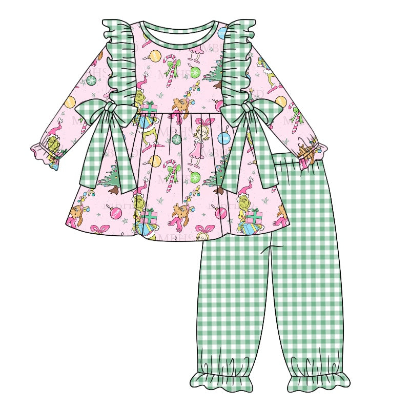 5.3custom each style moq 5eta 4-5week Sibling Sister Christmas cartoon character prints green girls dress and girls set and baby romper match family design