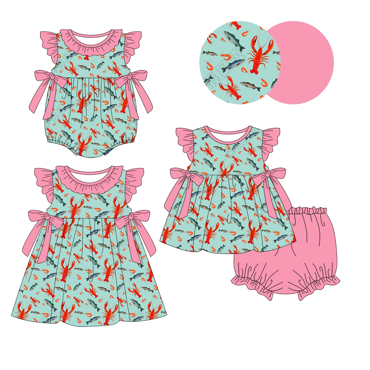 1.11 custom each style moq 5eta 4-6week Sibling Sister crayfish baby girl short sleeve shorts briefs sets and dress and rompers match family design