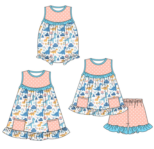 1.24 custom each style moq 5eta 4-6week Sibling Sisters dinosaur baby girl short sleeve shorts sets and dress and rompers match family design