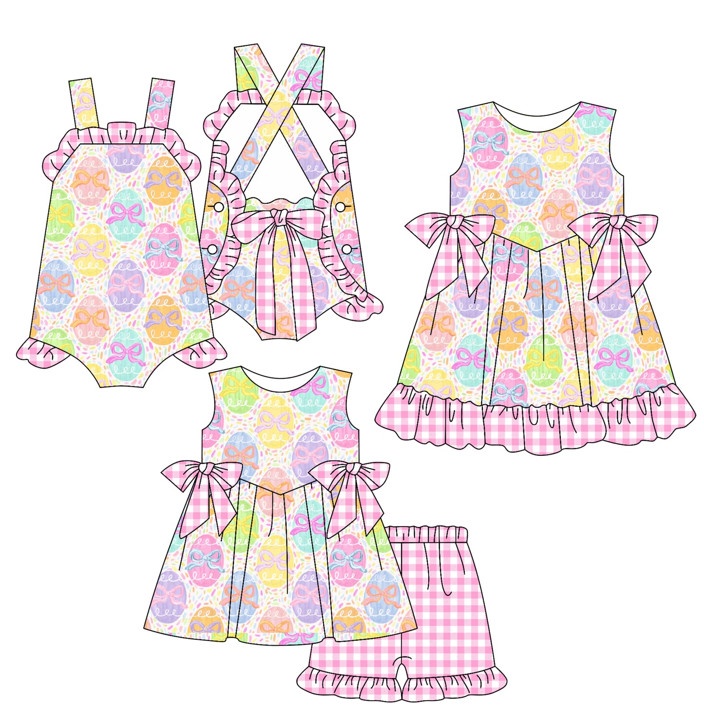 25.12.25 custom each style moq 5 eta 6-8week Sibling Sister egg bow baby short sleeve shorts sets and romper and dress match design
