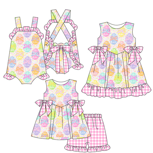 25.12.25 custom each style moq 5 eta 6-8week Sibling Sister egg bow baby short sleeve shorts sets and romper and dress match design