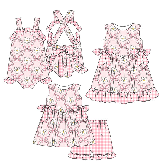 2.14 custom each style moq 5eta 4-6week Sibling Sisters floral bow baby girl short sleeve shorts sets and dress and rompers match family design